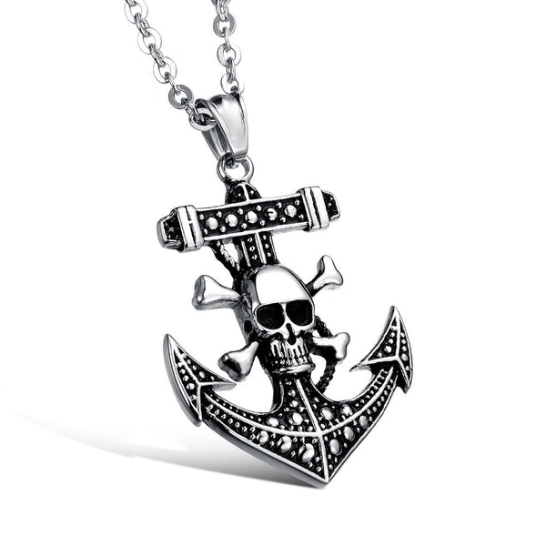 Pirate Skull & Bones Anchor Biker Pendant Necklace