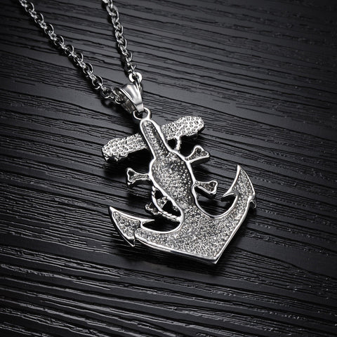 Pirate Skull & Bones Anchor Biker Pendant Necklace