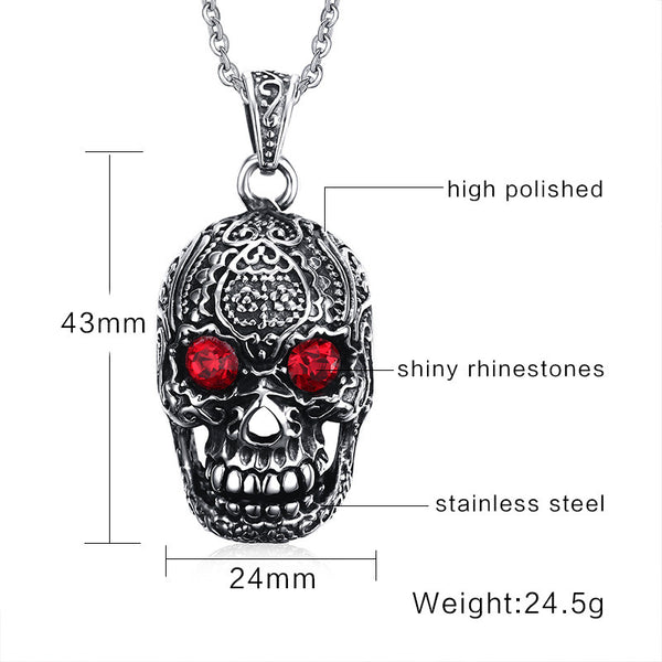 Ornate Skeleton Skull Pendant Biker Necklace