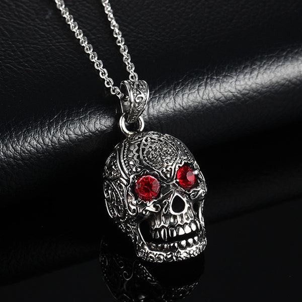 Ornate Skeleton Skull Pendant Biker Necklace