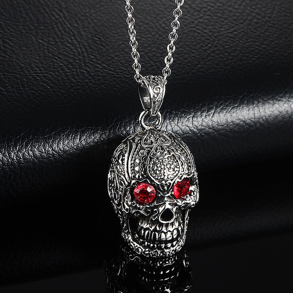 Ornate Skeleton Skull Pendant Biker Necklace