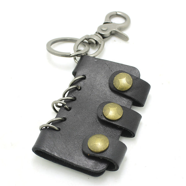 Vintage Leather Spade Skull Biker Key Chain