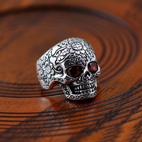 Ornate .925 Sterling Silver Skull Biker Ring