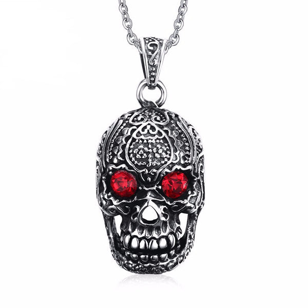 Ornate Skeleton Skull Pendant Biker Necklace